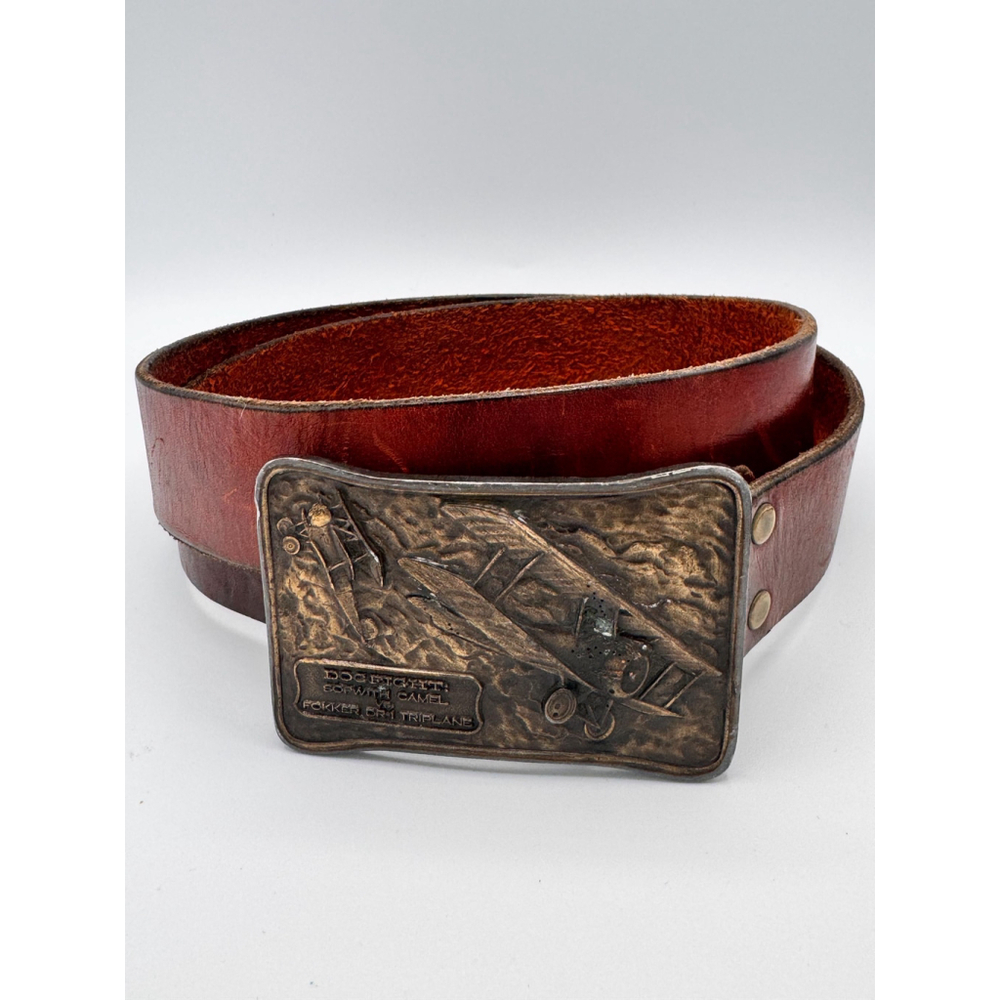 Vintage 1976 Bergamot Brass Works “Dogfight” Belt Buckle & Belt (35–38” Waist)